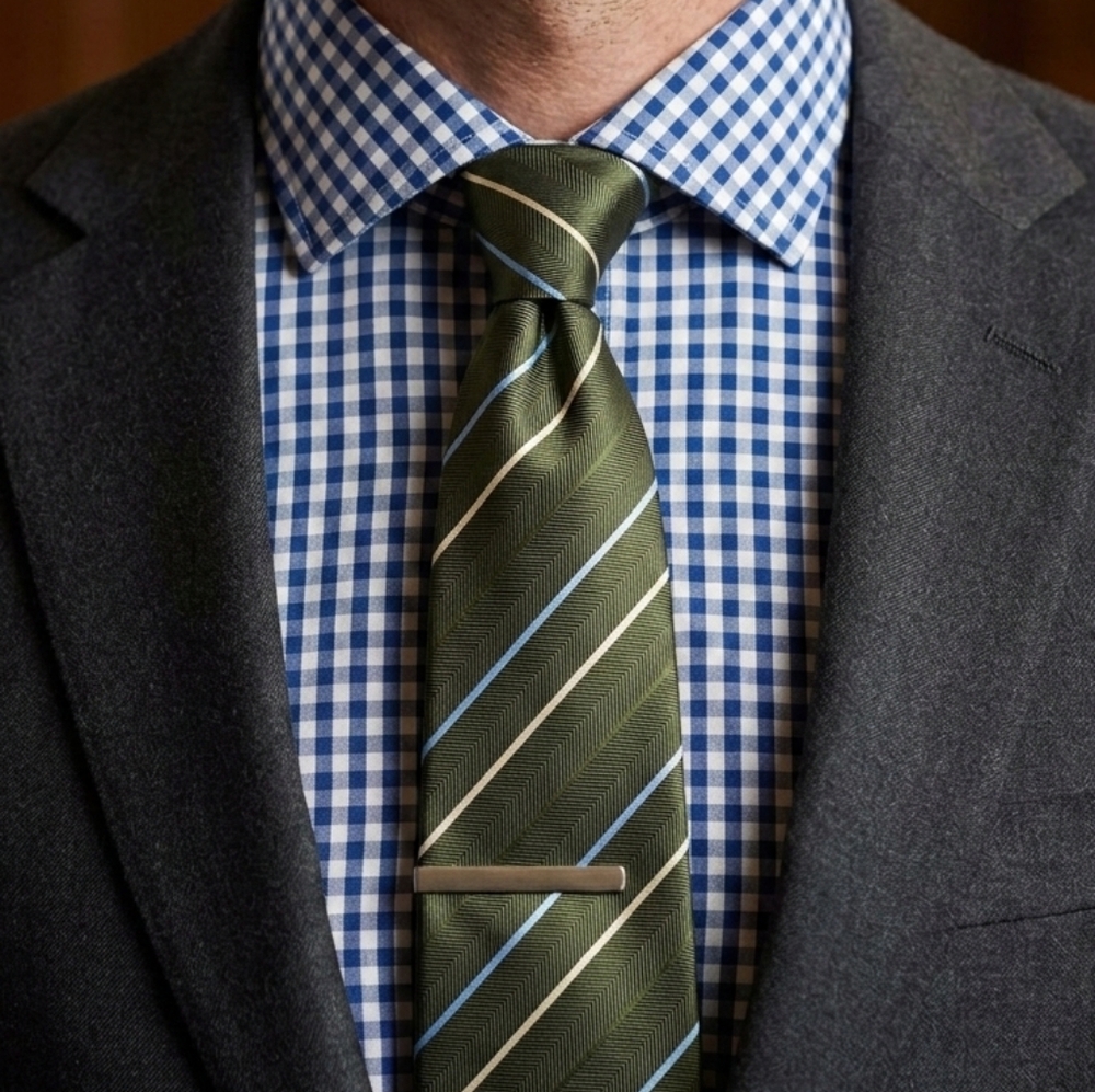 BOSS Hugo Boss Silk Striped Tie Olive Green Gold Blue Like New